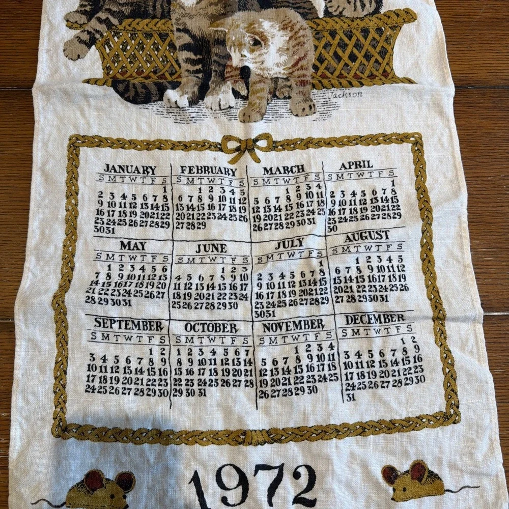 Vintage Linen Tea Towel Calendar 1972 Cats